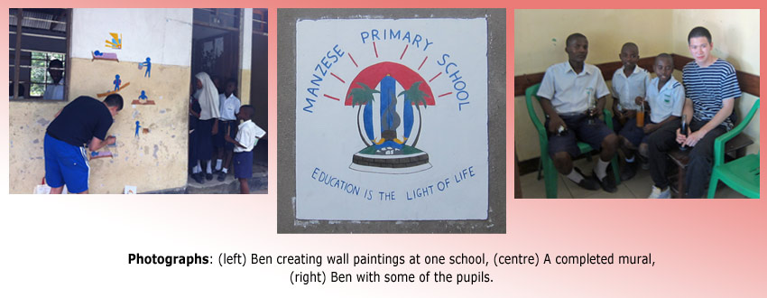 Montage of Ben Yip creating wall paintings with students in Tanzania