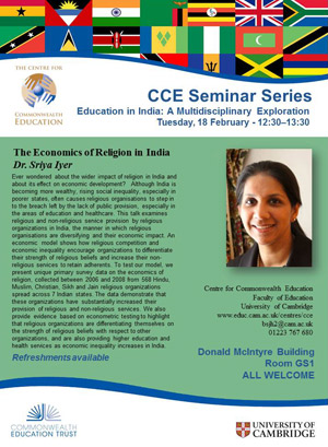Image of seminar flyer for Dr Sriya Iyer on 18 February 2014