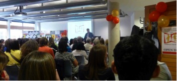 Michael Rosen in front of the Open Day audience