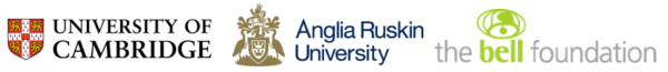 Logos for University of Cambridge, Anglia Ruskin University, Bell Foundation