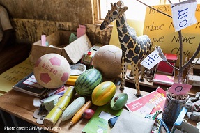 Desk full of locally made African toys