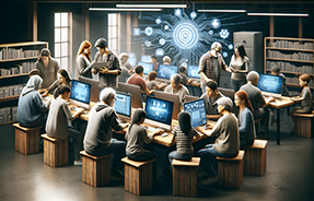 realistic photograph of a community center with people from different backgrounds using computers and digital tools to access online resources