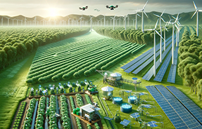realistic photograph of a modern, sustainable farm using green technology. It shows solar panels, wind turbines, and high-tech farming equipment