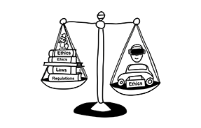 simple black and white drawing of a balanced scale. On one side of the scale is a representation of emerging technologies