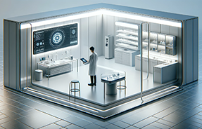 realistic photograph of a minimalist medical laboratory with a single researcher analyzing data on a sleek digital tablet.