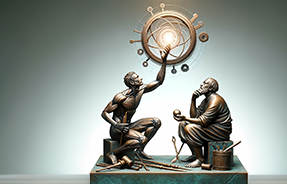 bronze sculpture depicting the theme of technology and inequality