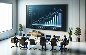 realistic photograph of a simple office meeting room with a large screen displaying a graph showing the rise of digital communication platforms