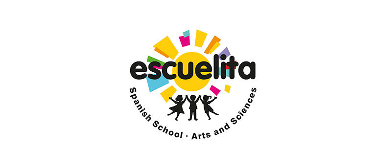 Escuelita Logo -  graphic illustration of sillouetted children holding hands under a sun shining multiple colours