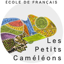 Les Petit Caméléons Écolé Français logo | A multi coloured and pattered cameleon in a grey circle