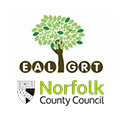 Norfolk County Council EAL Advisory Group logo - illustration of a tree with green leaves and the letters E A L G R T in brown circles either side of the tree and over the Norfolk County Council coat of arms