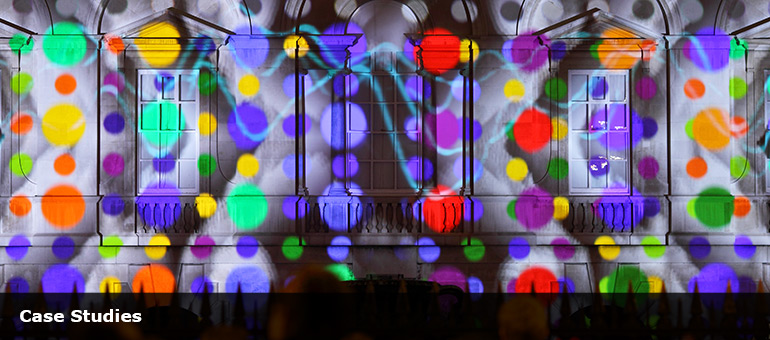 University of Cambridge Senate Building with projected lights, case studies