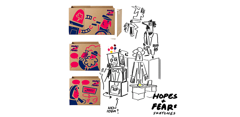 Fun illustration of people creating new ideas using boxes