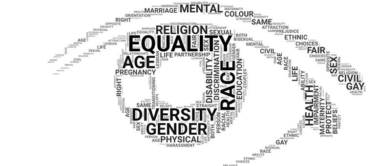 Equality and Diversity word cloud super imposed over the close-up illustration of a human eye
