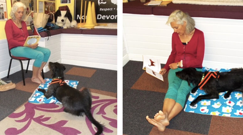 Deborah Neame reading to her dog