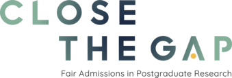 A logo that reads 'Close the Gap' - Fair Admissions in Postgraduate Research, in Blue-Green colours